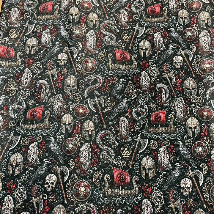 Fabric Viking Ships Helmets Serpents Raven Ax