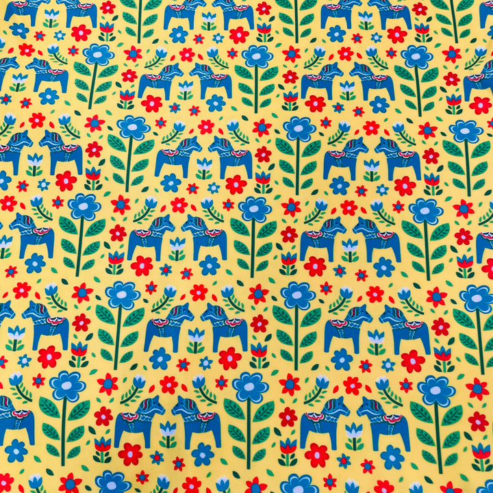 Fabric Blue Dala Horses on Yellow