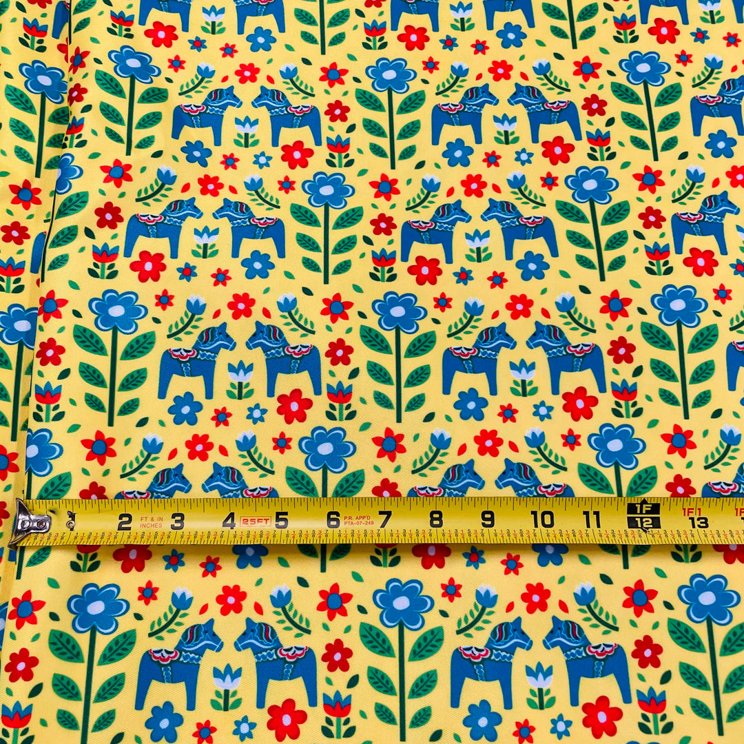 Fabric Blue Dala Horses on Yellow
