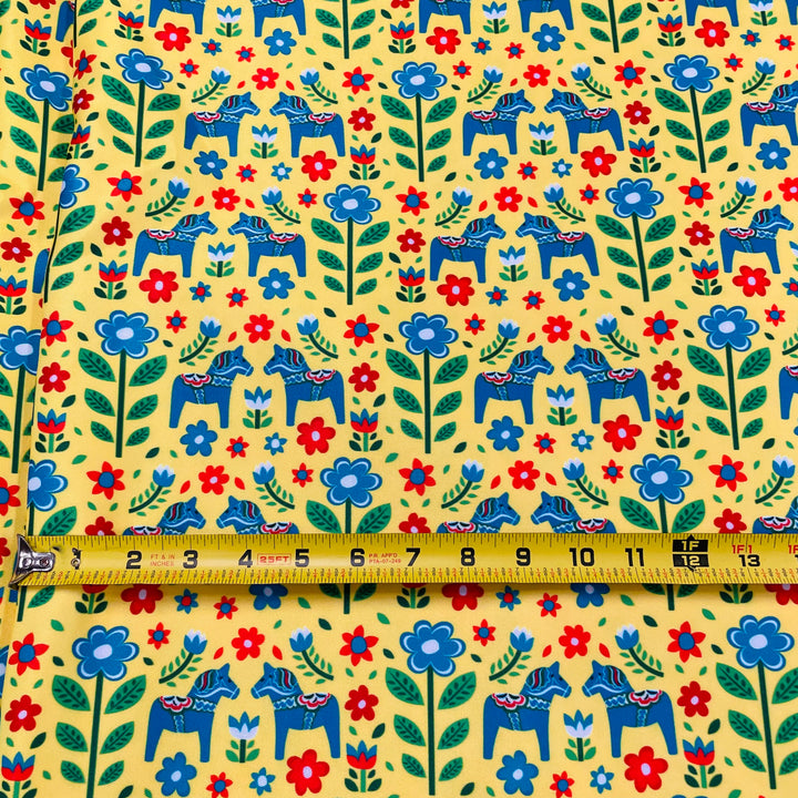 Fabric Blue Dala Horses on Yellow