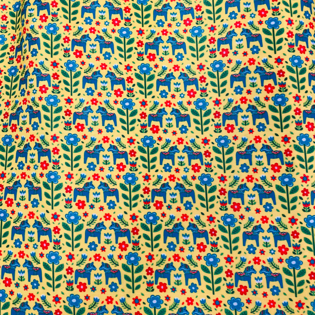 Fabric Mini Blue Dala Horses on Yellow