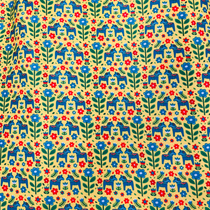 Fabric Mini Blue Dala Horses on Yellow