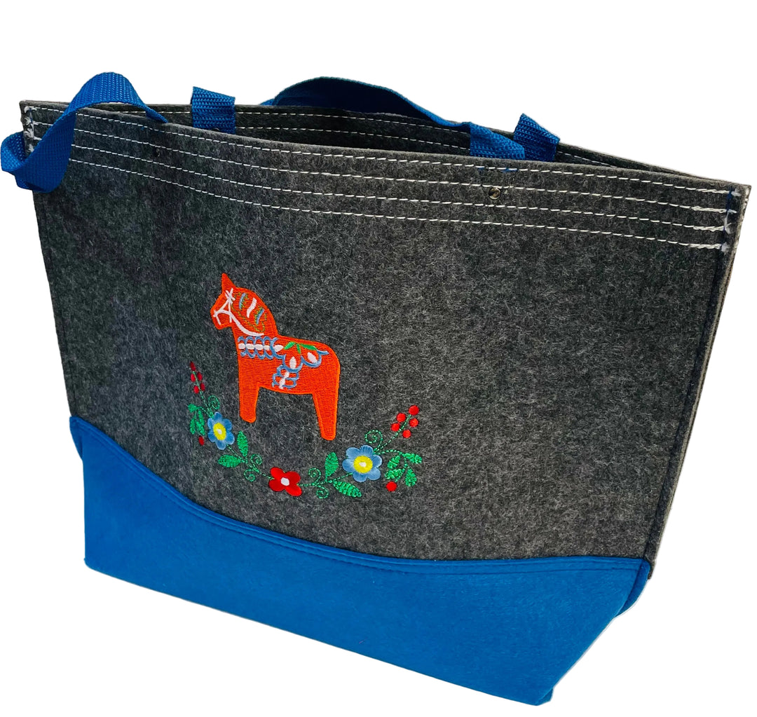 Tote Bag - Grey with Dala Horse & Flowers