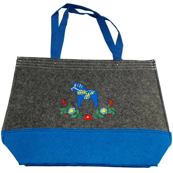 Tote Bag - Grey with Blue Dala Horse & Flowers