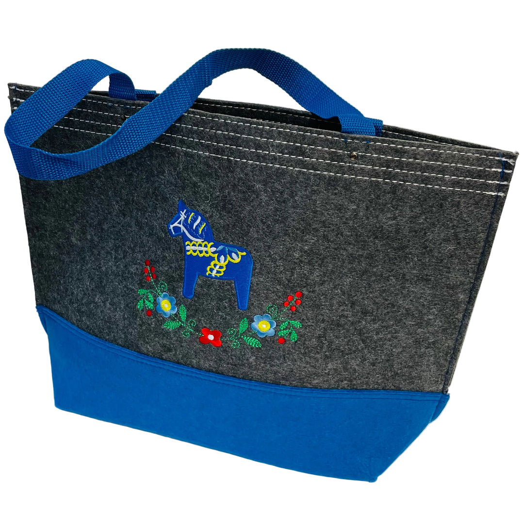Tote Bag - Grey with Blue Dala Horse & Flowers