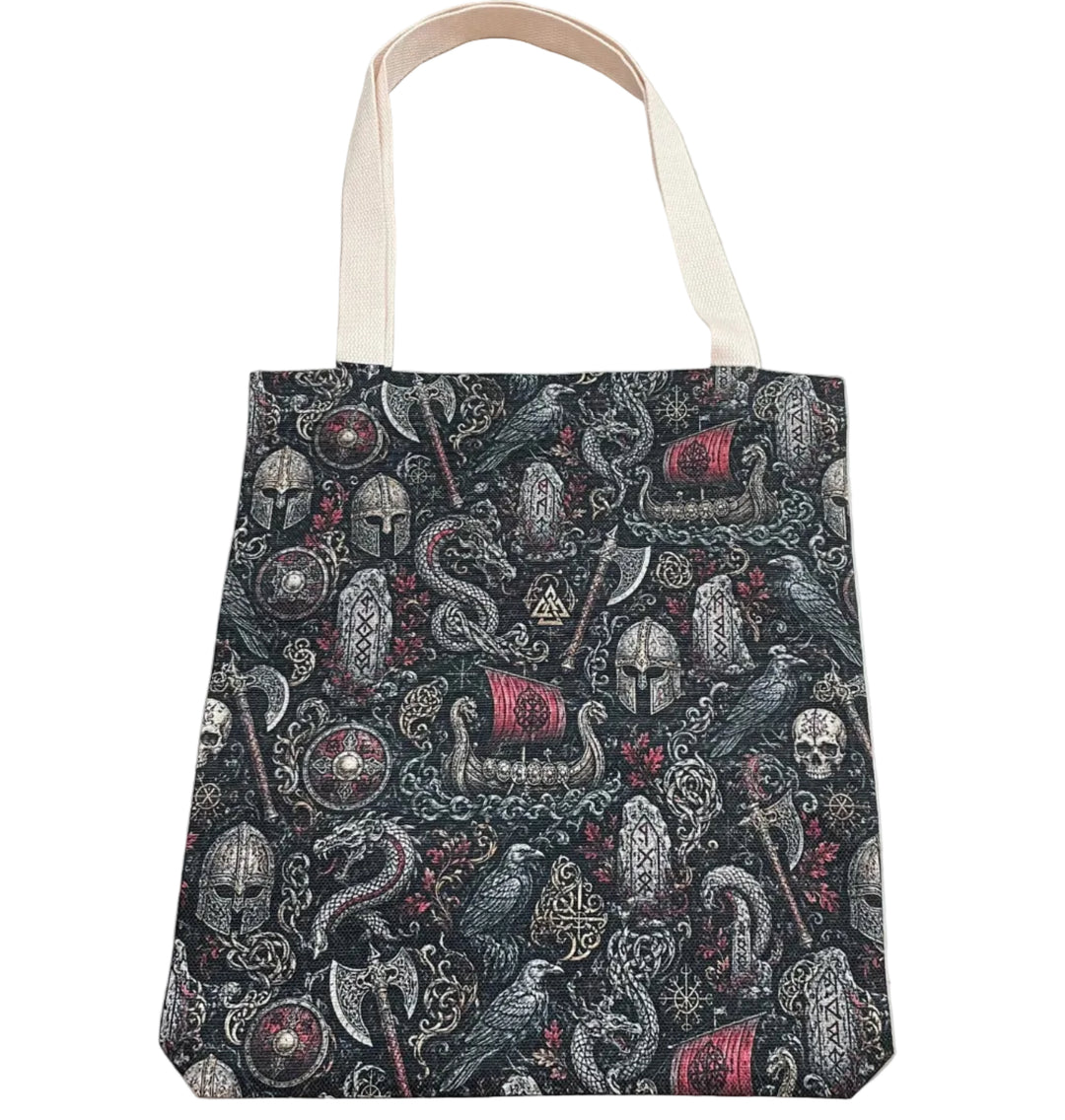 Linen Look Totebag Viking Ships & Serpents