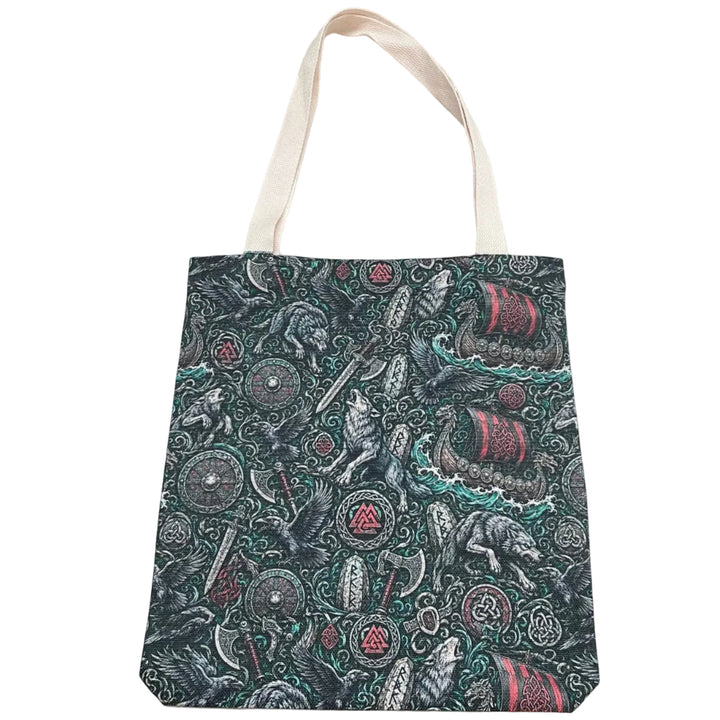 Linen look Tote bag Viking Ships Wolves Swords