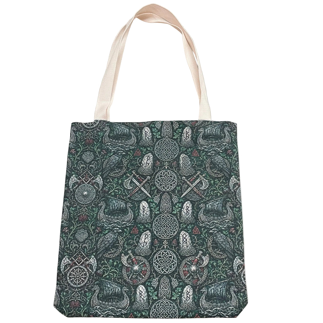 Linen look Tote bag  Viking Ship, Shield, Ax, Raven with Green leaves & vines