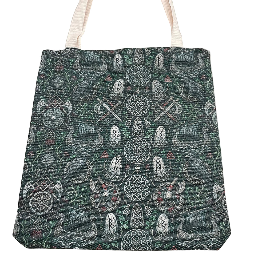 Linen look Tote bag  Viking Ship, Shield, Ax, Raven with Green leaves & vines