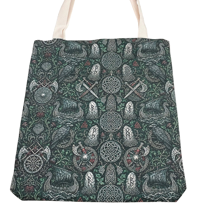 Linen look Tote bag  Viking Ship, Shield, Ax, Raven with Green leaves & vines