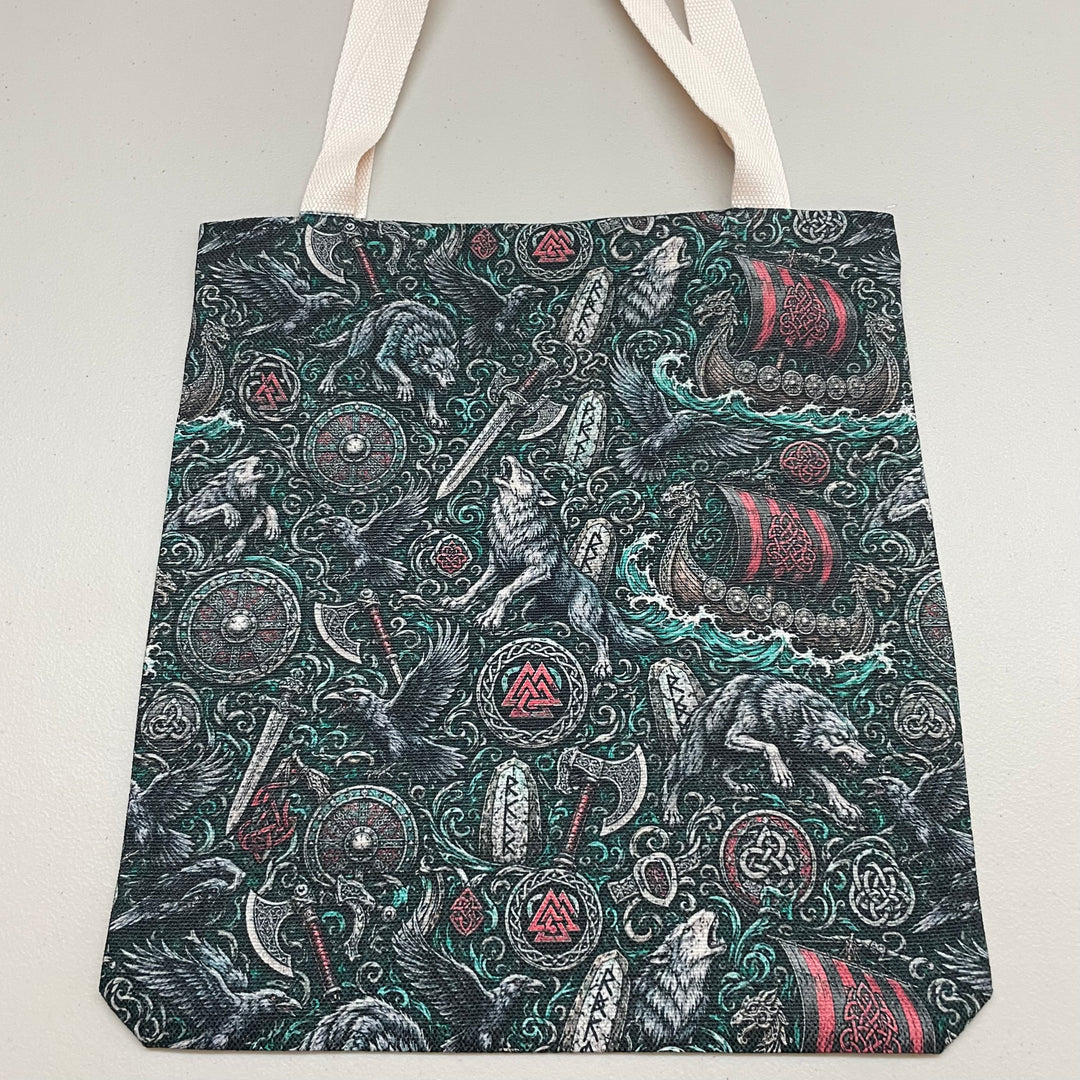 Linen look Tote bag Viking Ships Wolves Swords