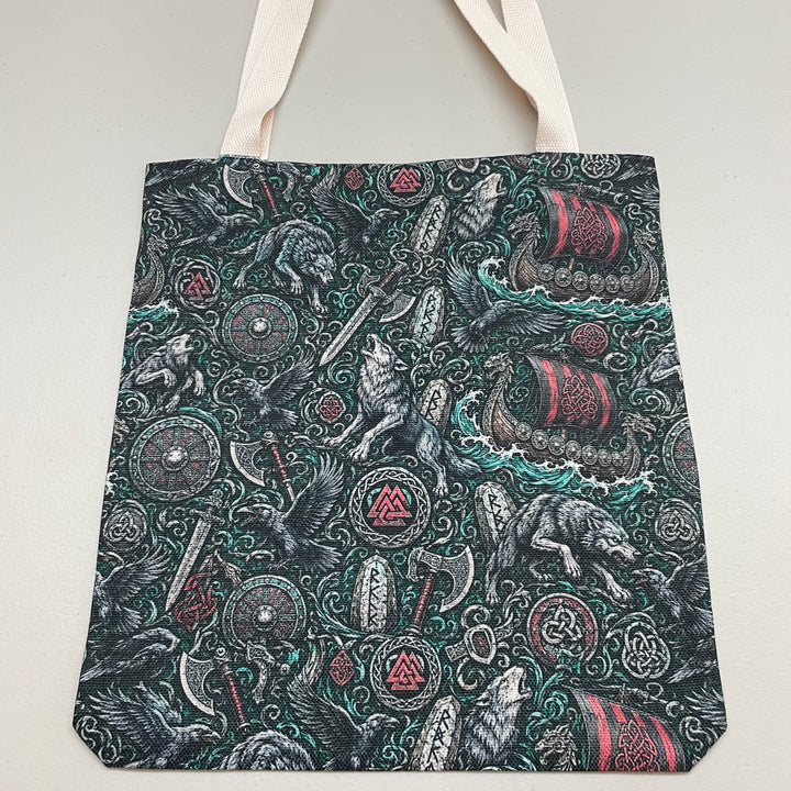 Linen look Tote bag Viking Ships Wolves Swords