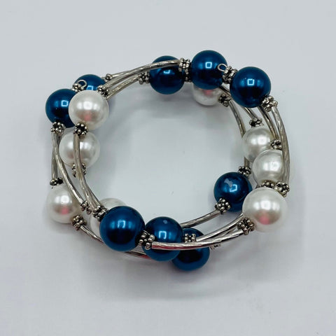 Blue & White Bead Coil Bracelet with Satin Pouch