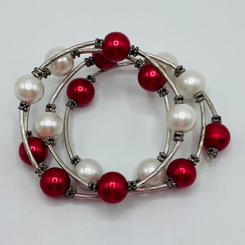 Red & White  Bead Coil Bracelet with Satin Pouch