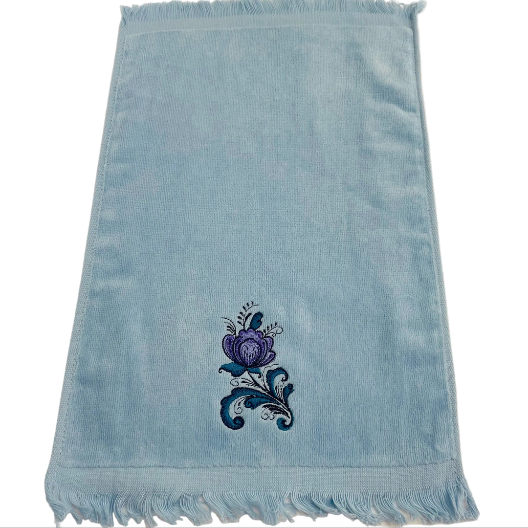Finger tip towel - Rosemaling Flower on Light Blue