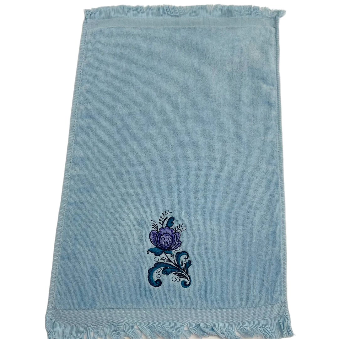 Finger tip towel - Rosemaling Flower on Light Blue