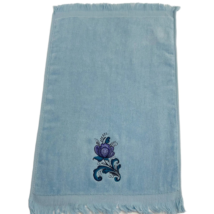 Finger tip towel - Rosemaling Flower on Light Blue