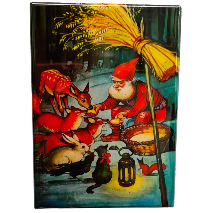Rectangle Magnet, Gnome feeding animals