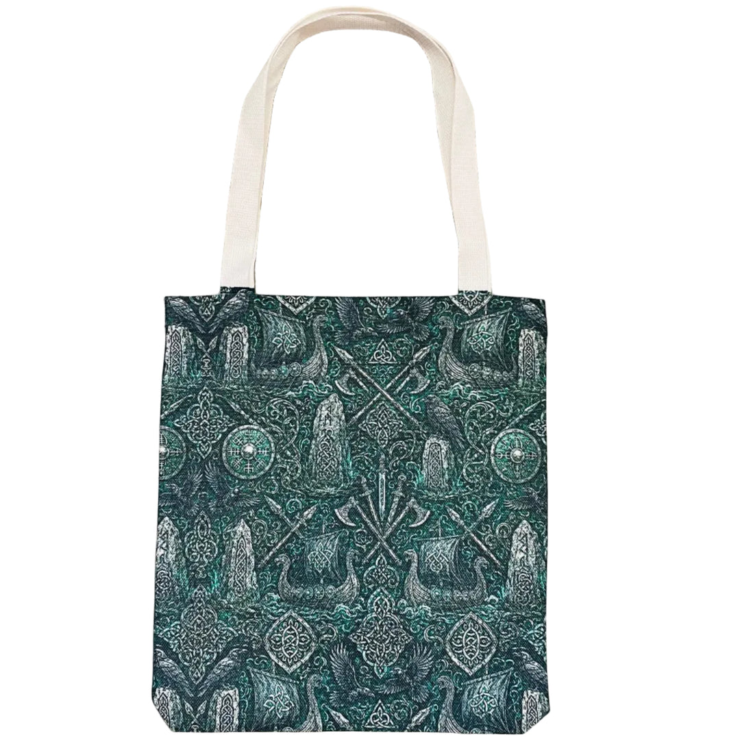 Linen Look Tote Bag Vikings Shields Axes Rune stones