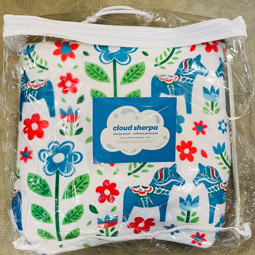 Blue Dala Horse Minky & Sherpa Blanket 60"x80"