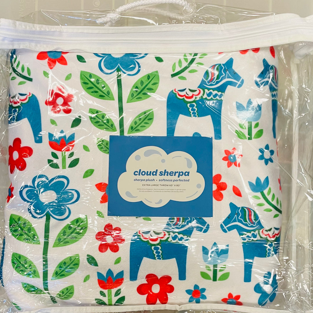 Cloud Sherpa Blanket 60"x80" - Blue Dala Horse