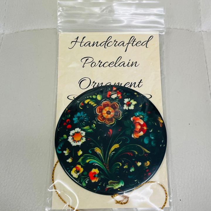 Ceramic ornament, Lise Lorentzen black floral rosemaling