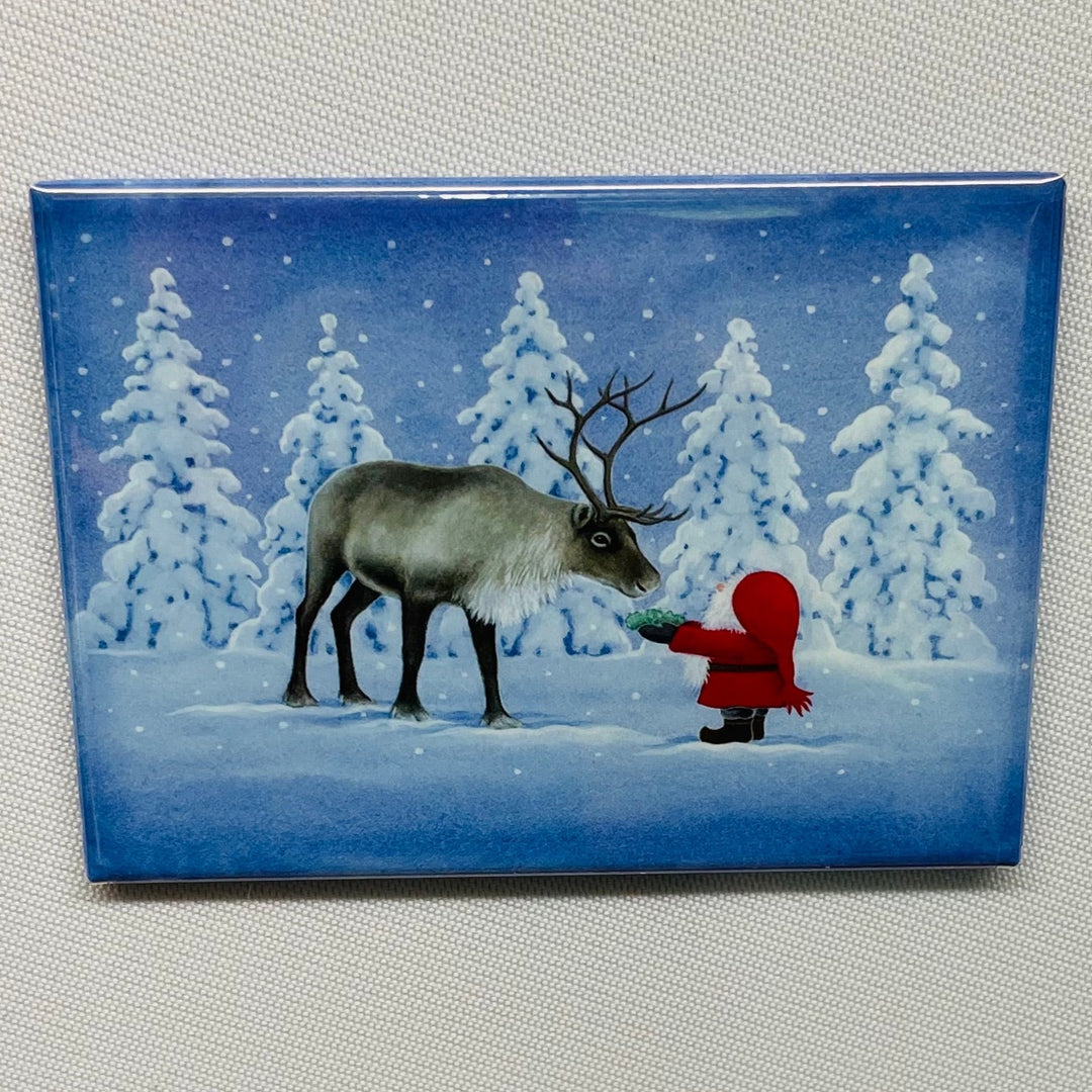 Rectangle Magnet, Eva Melhuish Tomte fee3ding Reindeer