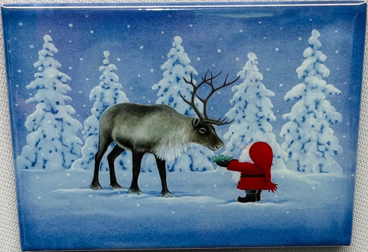 Rectangle Magnet, Eva Melhuish Tomte feeding Reindeer