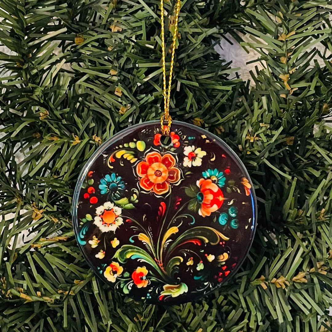 Ceramic ornament, Lise Lorentzen black floral rosemaling