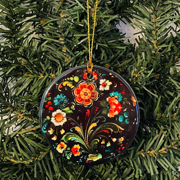 Ceramic ornament, Lise Lorentzen black floral rosemaling