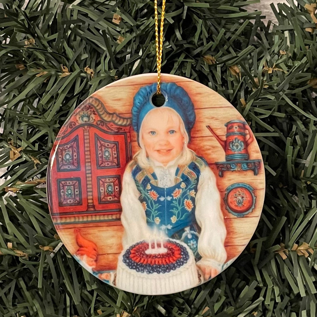 Ceramic Ornament, Suzanne Toftey Girl with Blottkake