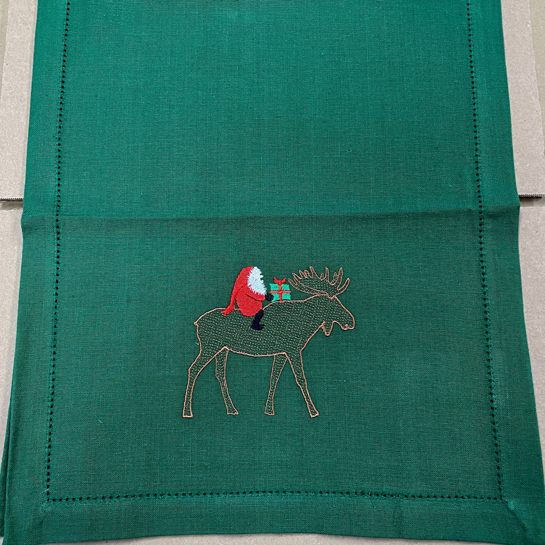Gnome riding Moose Embroidered on Green 36" Runner