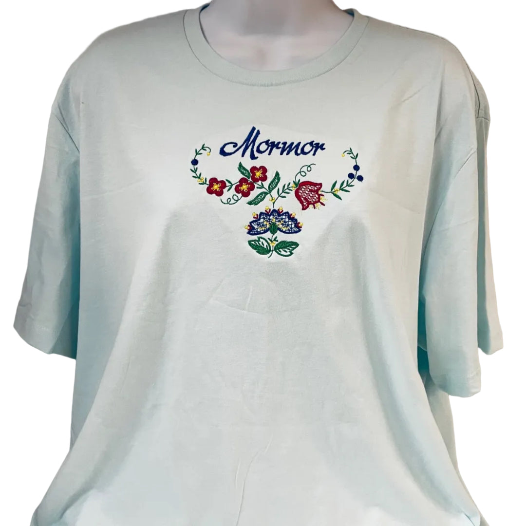 Floral Mormor on Seaglass Blue T-shirt