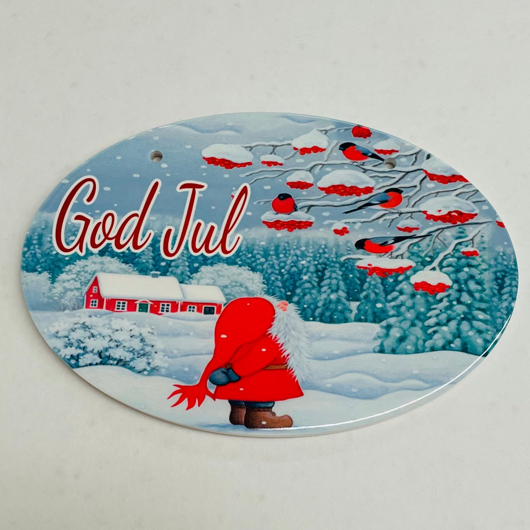 Oval Ceramic Sign - Eva Melhuish God Jul Tomte with birds