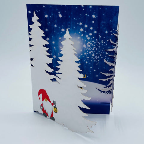 Laser cut Card Gnome with trees & God Jul text