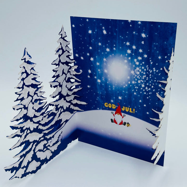 Laser cut Card Gnome with trees & God Jul text