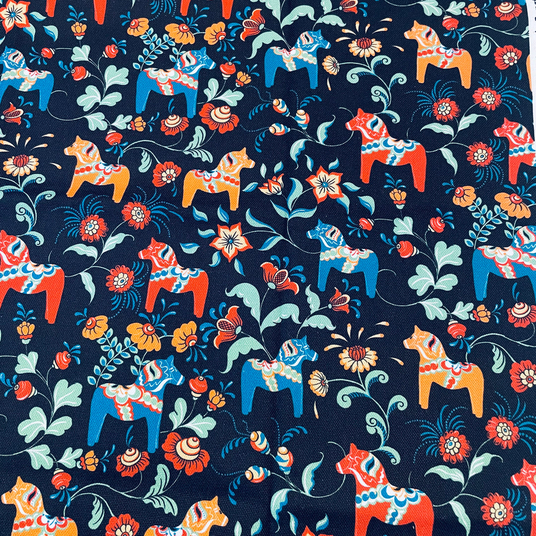 Swedish fabric - Black w/ Multi Color Mini Dala horses & kurbits