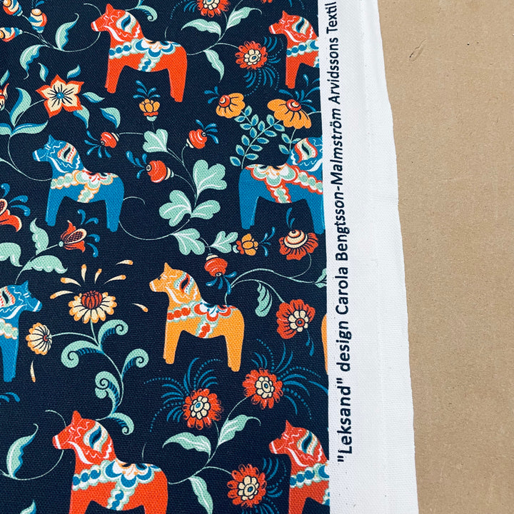 Swedish fabric - Black w/ Multi Color Mini Dala horses & kurbits