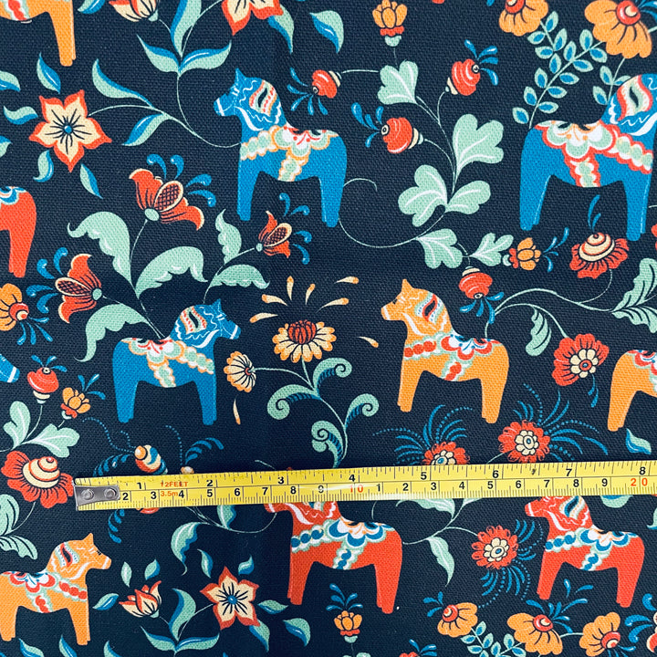 Swedish fabric - Black w/ Multi Color Mini Dala horses & kurbits