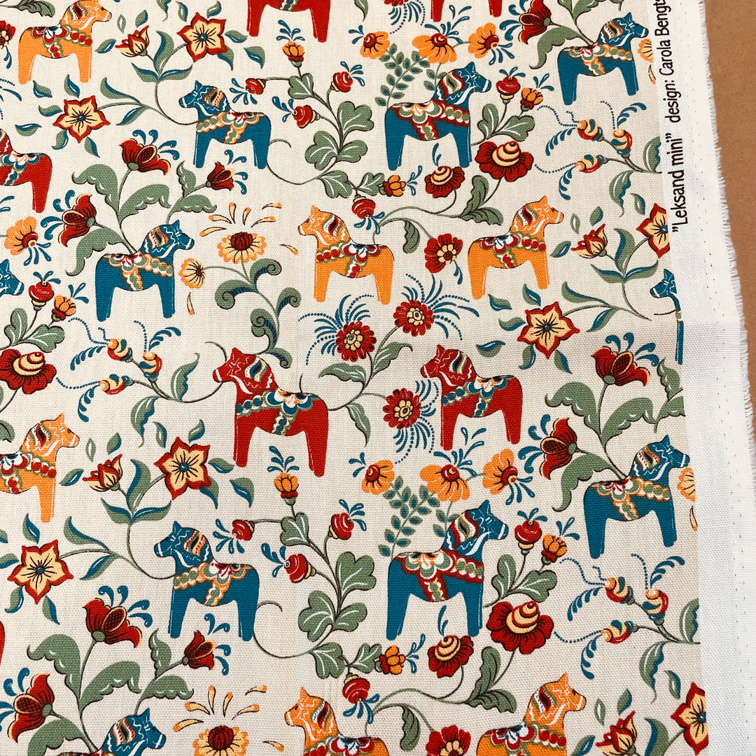 Swedish fabric - Ecru w/ Multi Color Mini Dala horses & kurbits