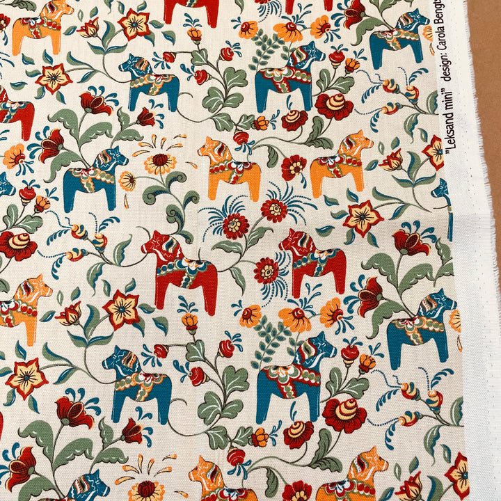 Swedish fabric - Ecru w/ Multi Color Mini Dala horses & kurbits