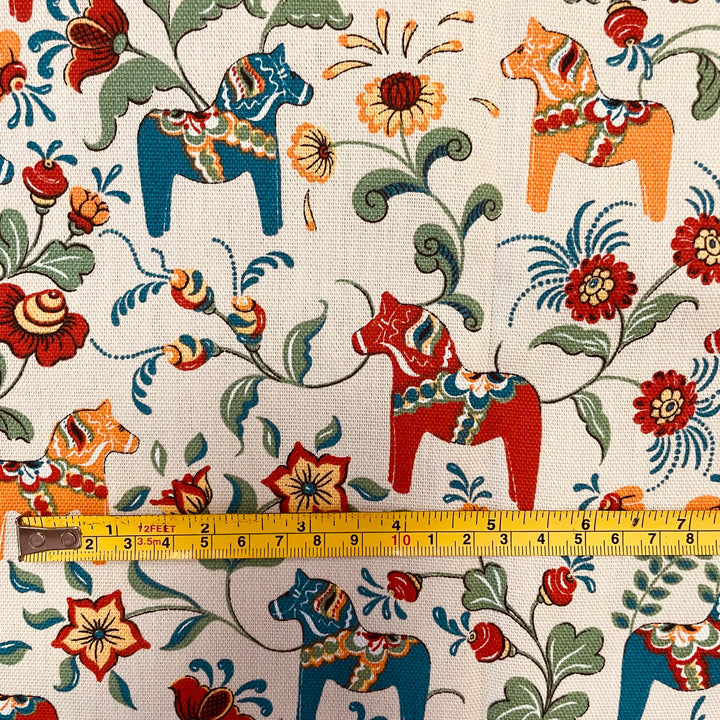 Swedish fabric - Ecru w/ Multi Color Mini Dala horses & kurbits