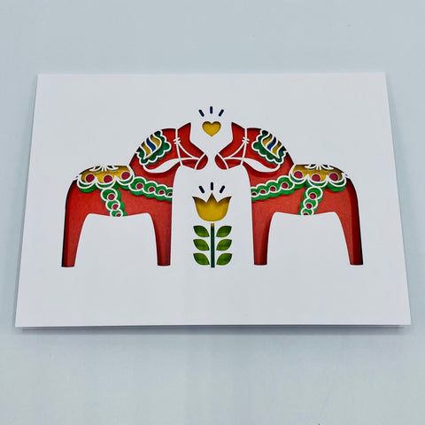 Laser cut Card Red Dala Horse with Flower