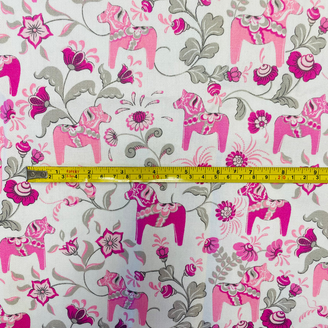 Swedish fabric - White w/ Pink Mini Dala horses & kurbits