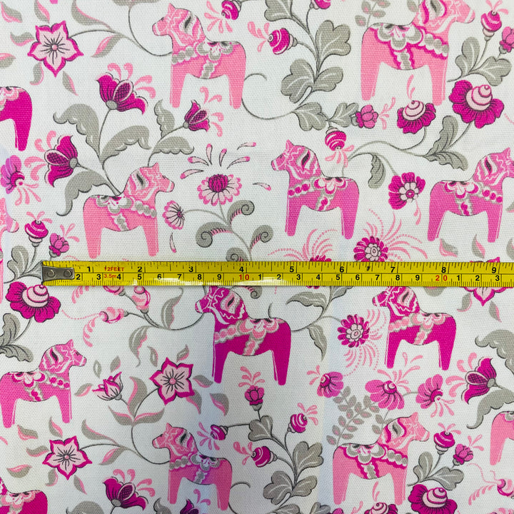 Swedish fabric - White w/ Pink Mini Dala horses & kurbits
