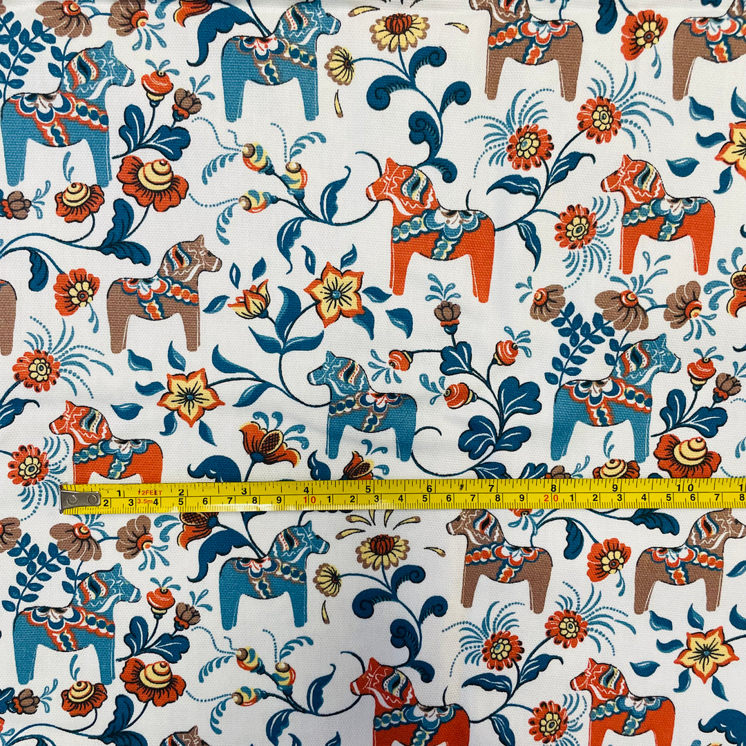 Swedish fabric - White w/ Red, Blue & Tan Mini Dala horses & kurbits