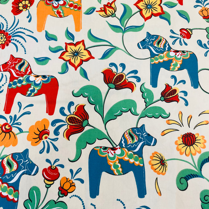 Swedish fabric - Ecru w/ multi color Dala horses & kurbits