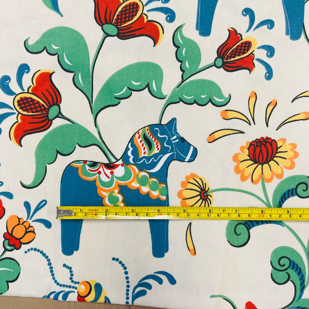 Swedish fabric - Ecru w/ multi color Dala horses & kurbits