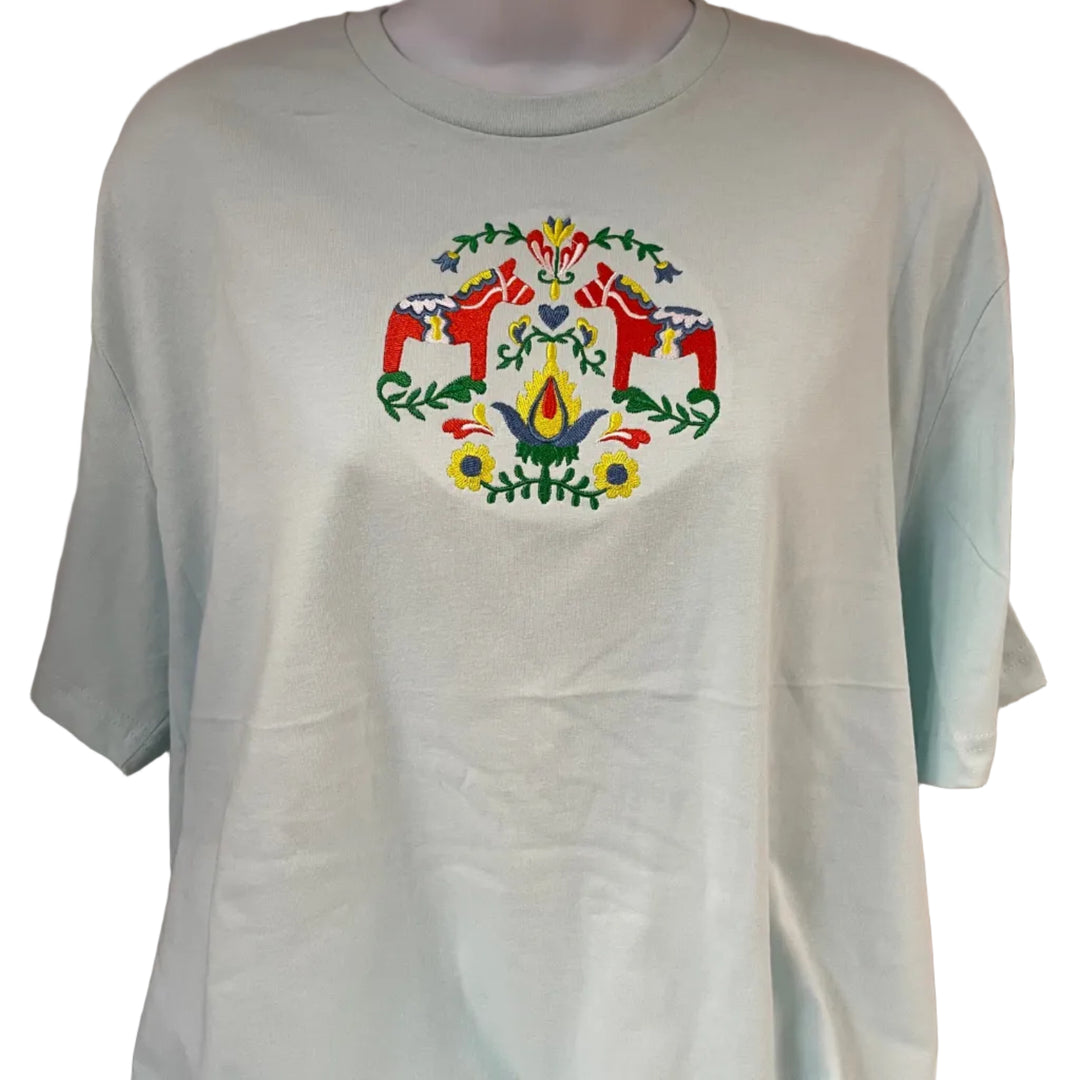 Dala horse & Flowers on Seaglass Blue T-shirt
