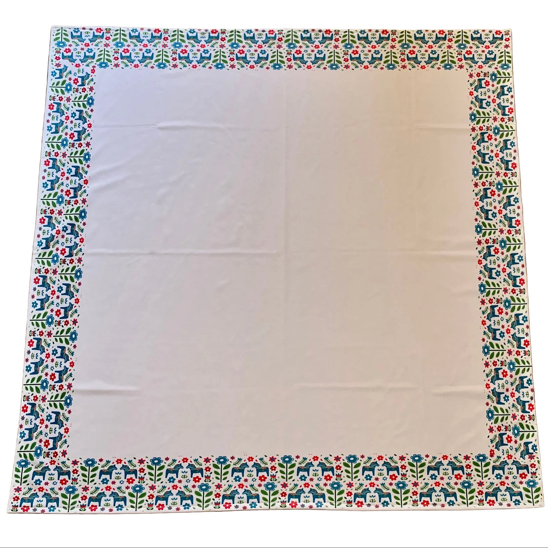 Blue Dala Horses and Flowers Tablecloth 41"